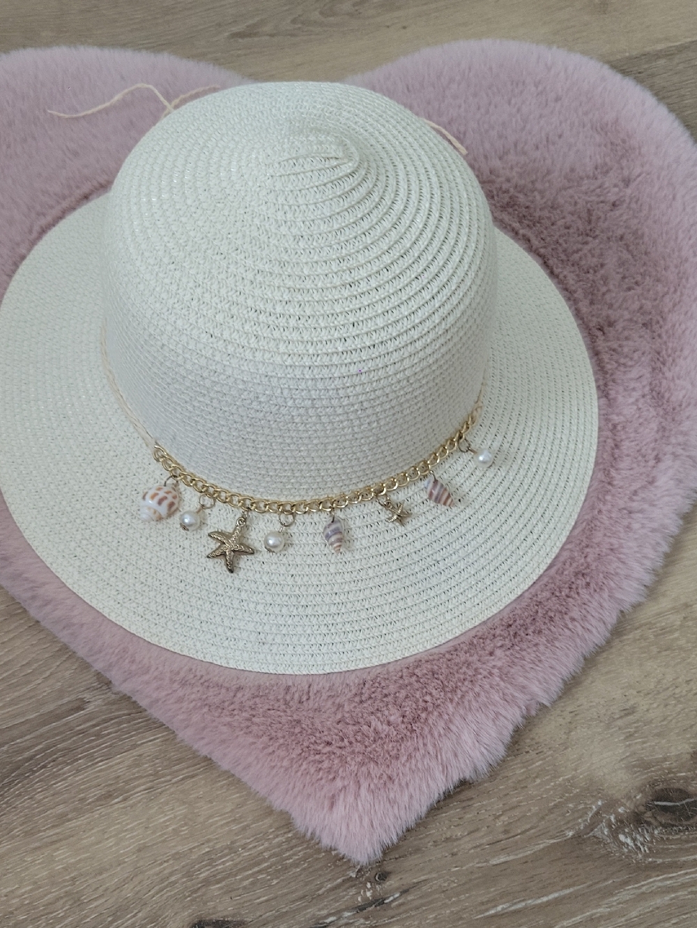 Stranded White Straw Sun Hat with Gold Sea Charm Chain